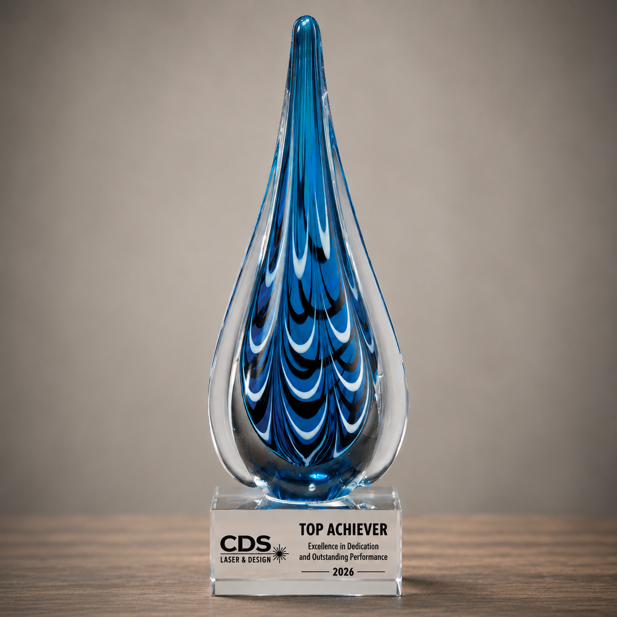 10" Blue and Black Teardrop Art Glass Award