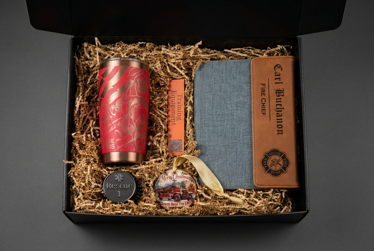 Custom sample box for a fire department chief includes engraved tumbler, keychain, Christmas Ornament, custom organizing tag label and custom engraved padfolio