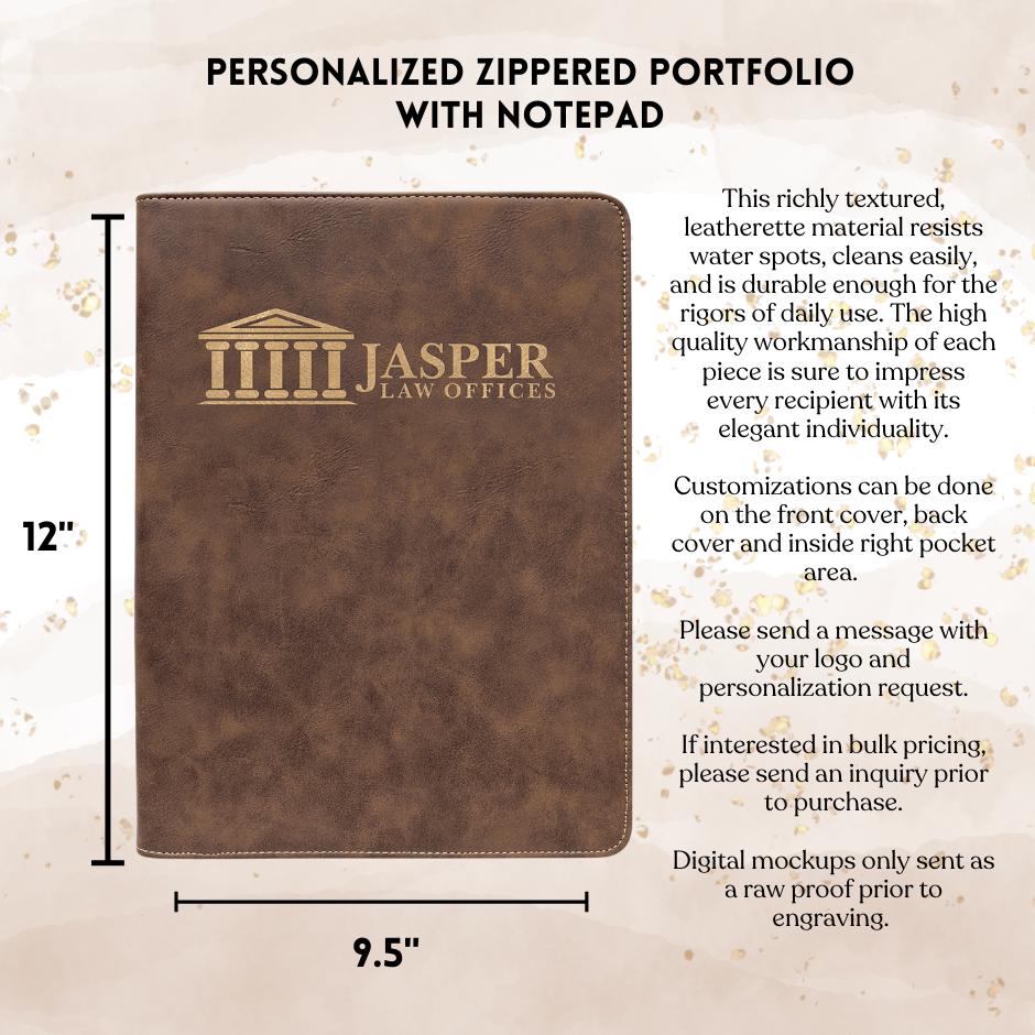 Elegant Personalized Leatherette Zippered Portfolio | Corporate Gift | Business Gift | Realtor | Coach's Gift - Cattle Dog Studios Laser & Design