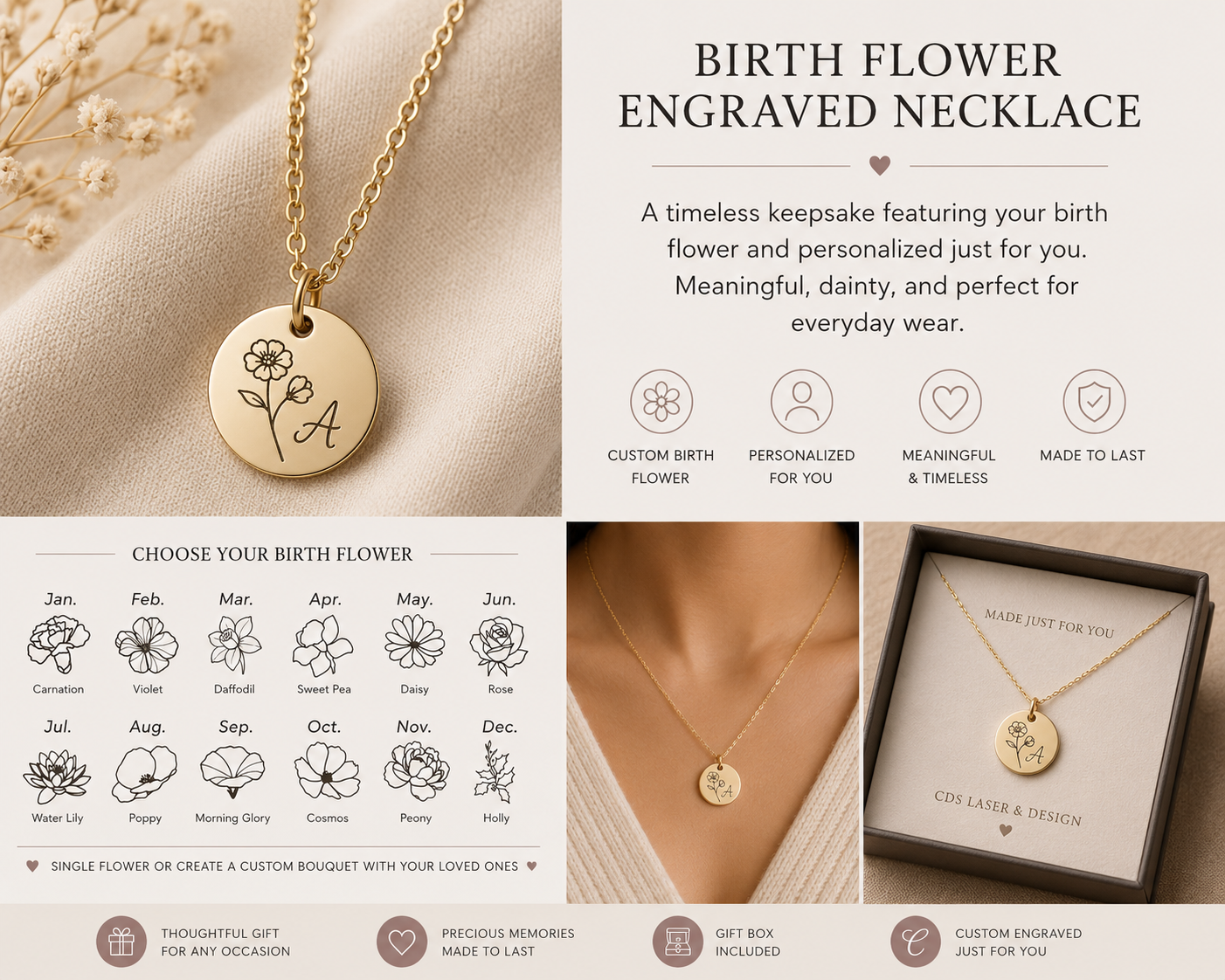 Birth Flower Custom Engraved Necklace