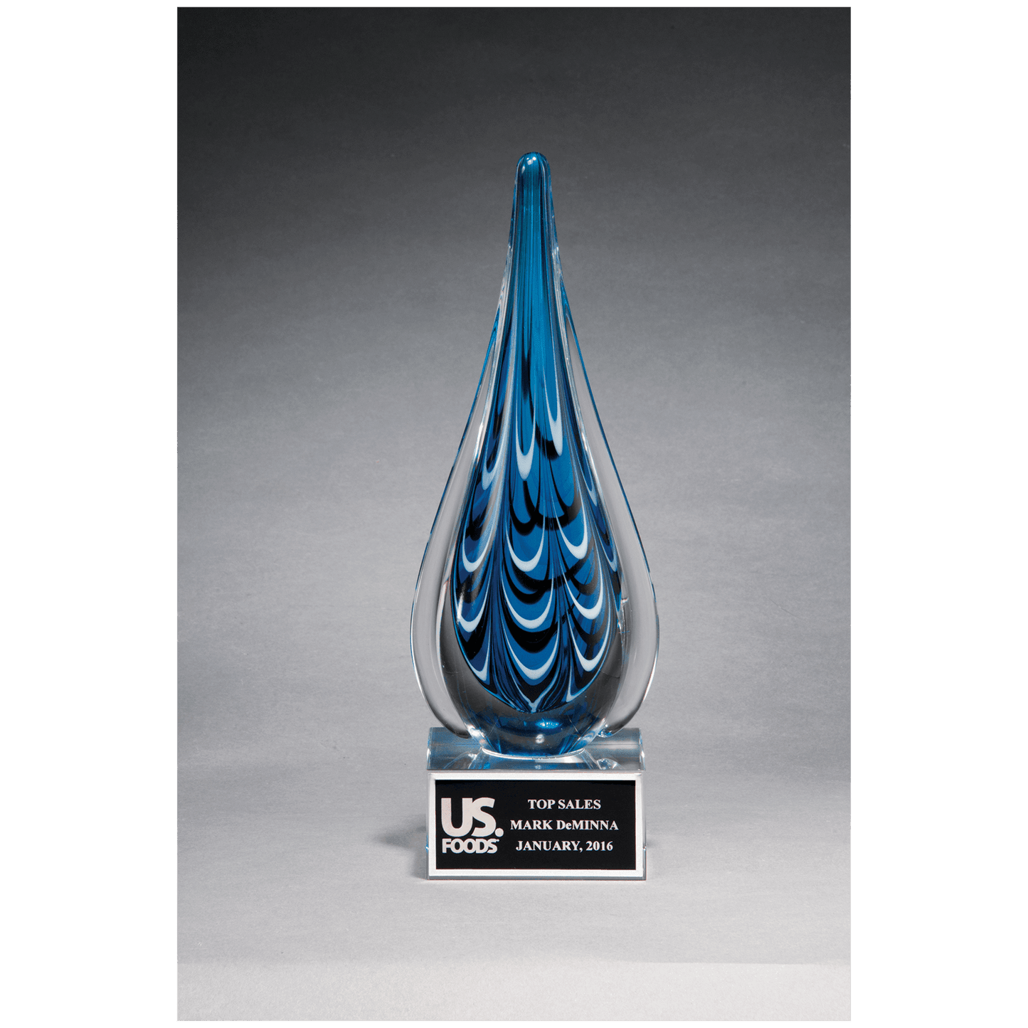 10" Blue and Black Teardrop Art Glass Award