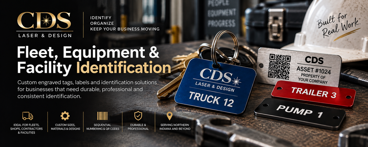 Custom engraved fleet key tags, equipment asset tags and facility identification labels by CDS Laser & Design in Northern Indiana.