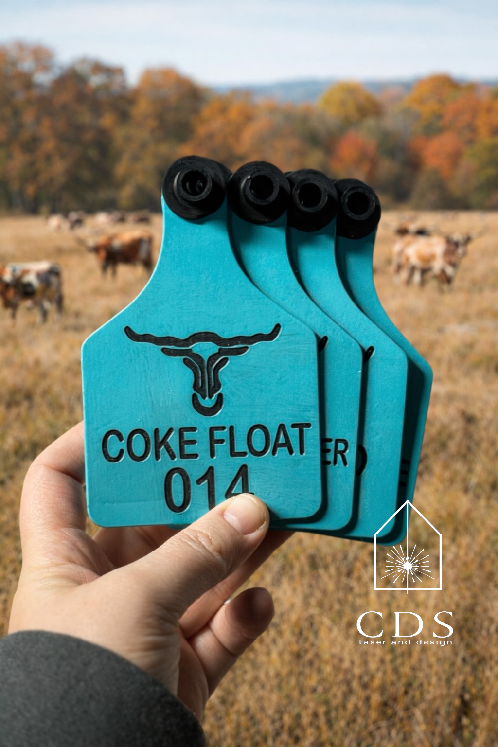 Turquoise and black custom engraved cow ear tag