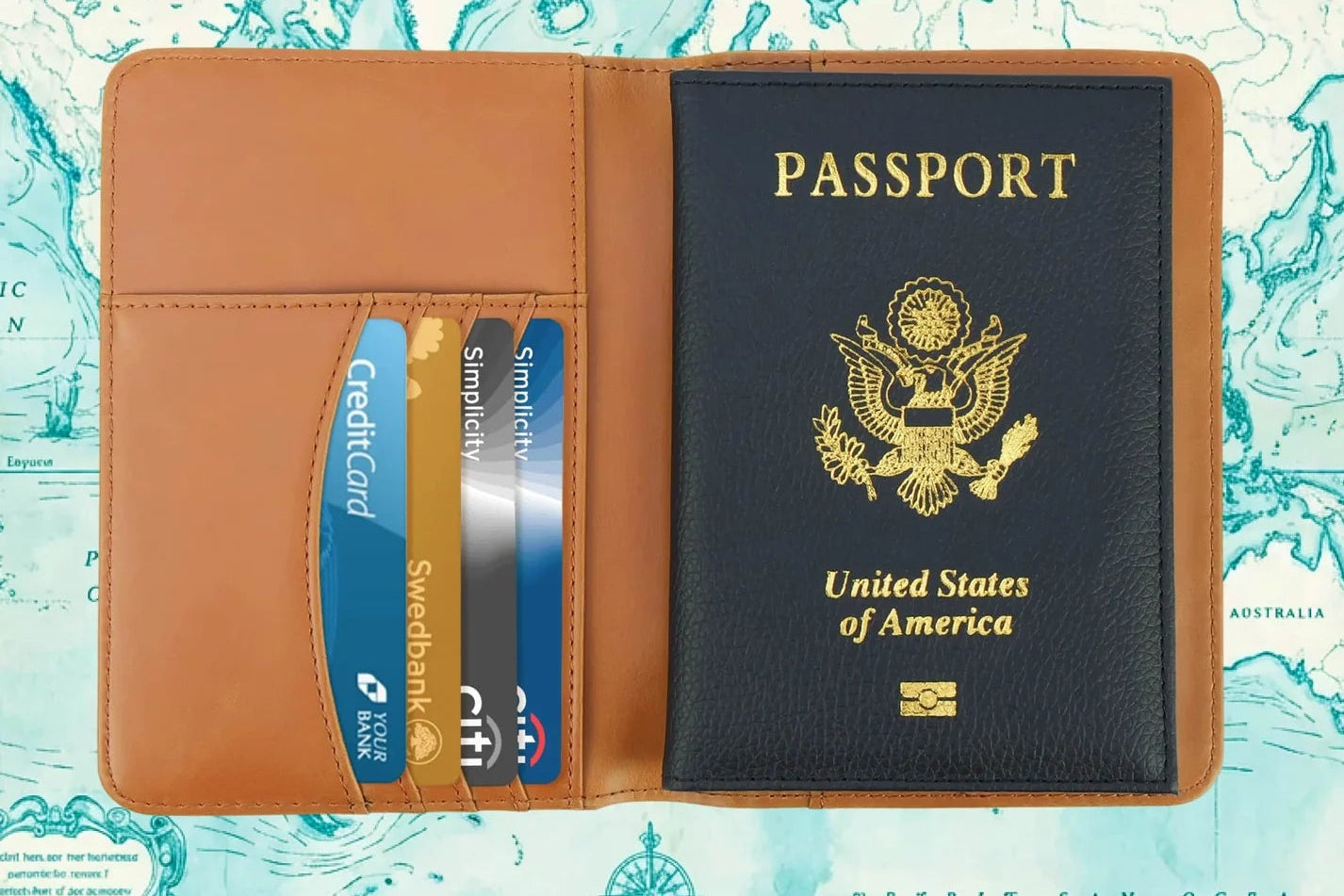 Laserette passport wallet with curved card slots on a world map background