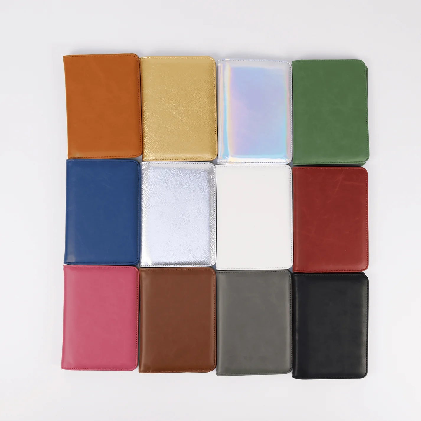 Grid of various colored leather passport wallets on a white background