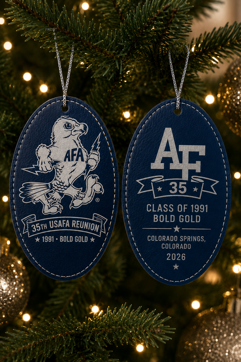 USAFA Class of 1991 Bold Gold 35th Reunion double-sided navy and silver commemorative ornament, front and back views