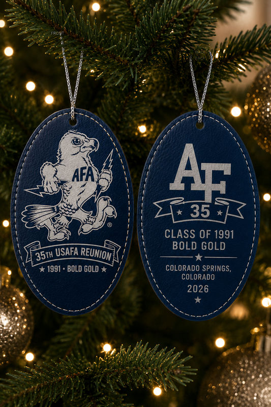 USAFA Class of 1991 Bold Gold 35th Reunion double-sided navy and silver commemorative ornament, front and back views