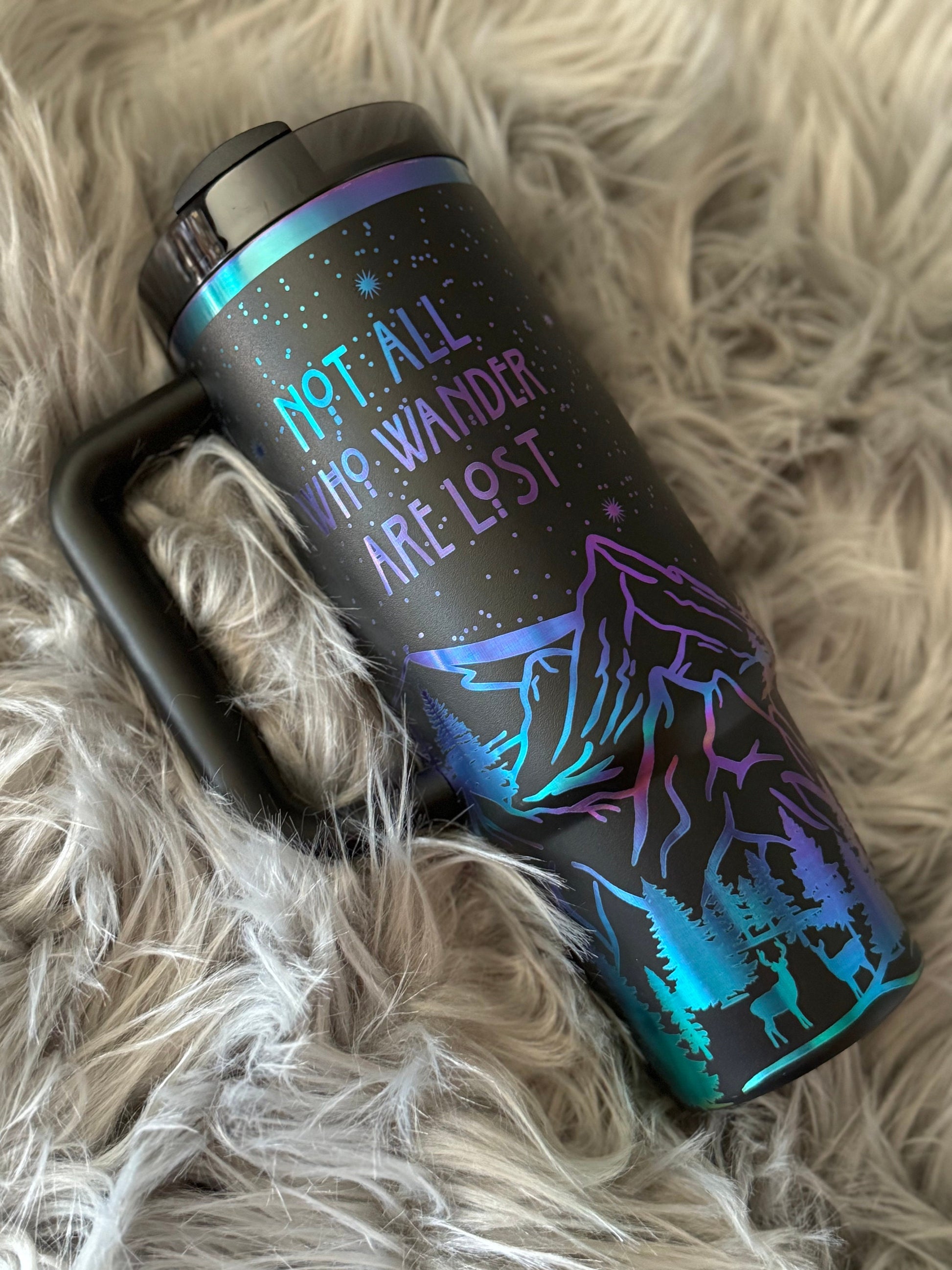 Not All Who Wander Are Lost Tumbler | Stanley | Chroma Engrave | Black Chroma | Travel | Wanderlust | Compass - Cattle Dog Studios Laser & Design