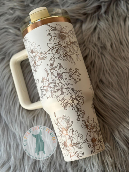Magnolia floral wrapped tumbler | Magnolia flowers | Floral | Engraved Flowers | Magnola Flower Engraved Tumbler - Cattle Dog Studios Laser & Design