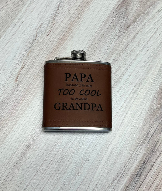 Stainless steel 6oz flask with a custom engraved design