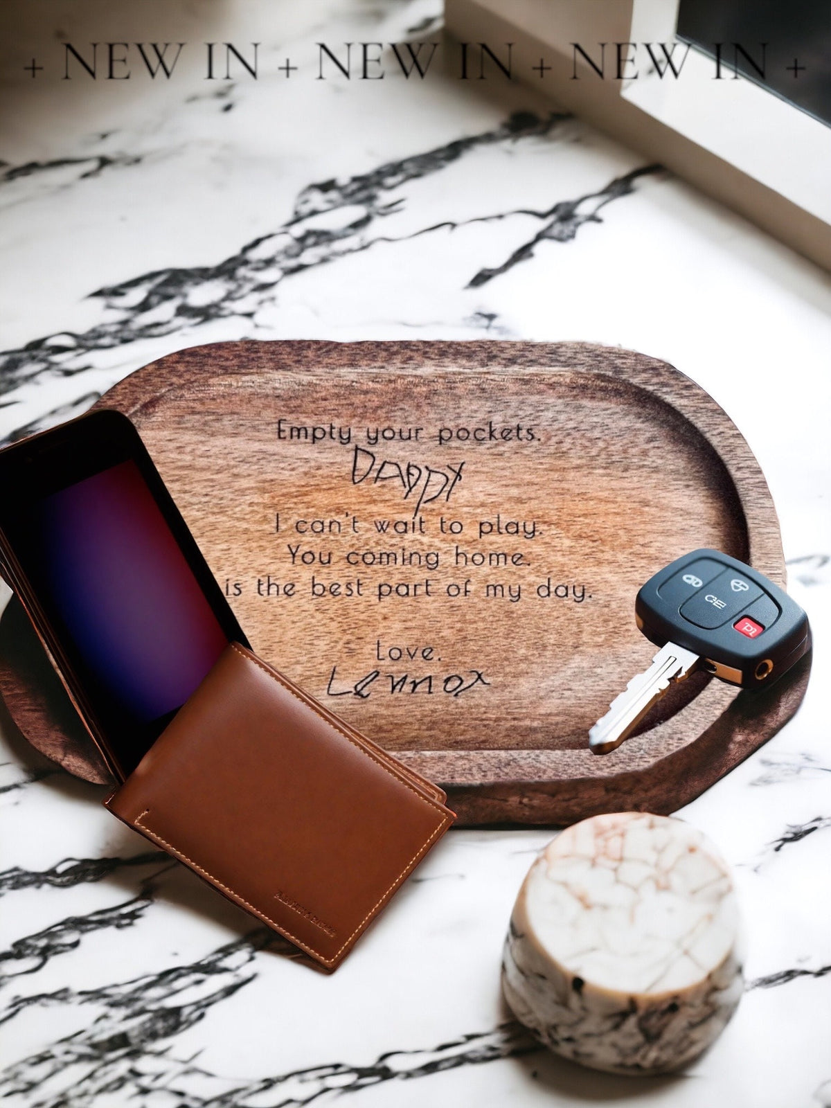 Wood catch-all tray engraved with Empty Your Pockets, Time To Play for Dad