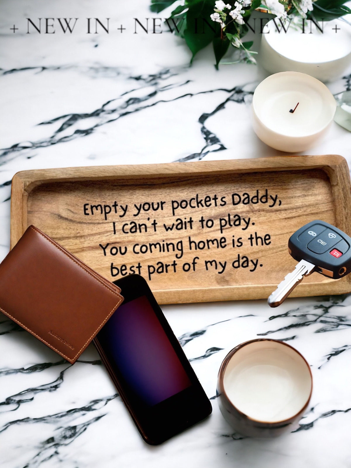 Wood catch-all tray engraved with Empty Your Pockets, Time To Play for Dad