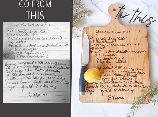 Acacia cutting board engraved with a handwritten family recipe