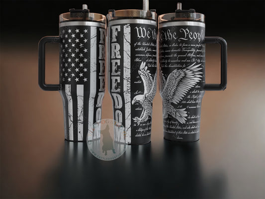 Black stainless tumbler engraved with We The People and the American flag