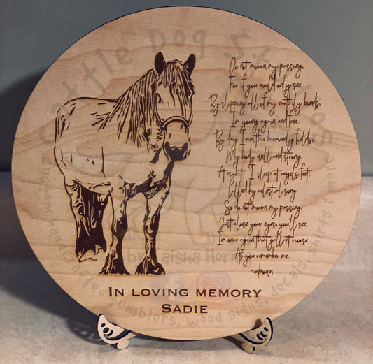 Round wood horse memorial plaque engraved with the horse's portrait and name